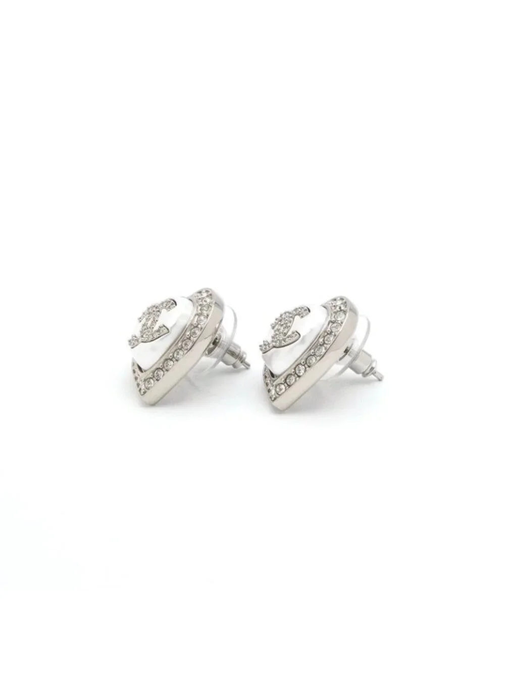 Chanel Earrings Silver CC Logo Rhinestone